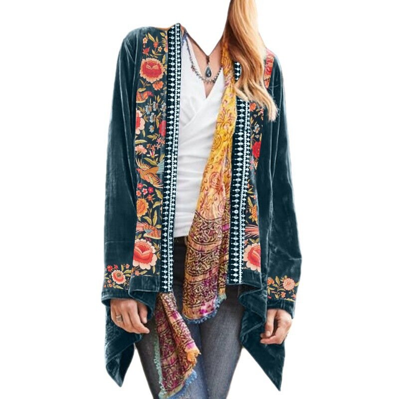 여성용 꽃무늬 프린트 가디건, 오픈 프론트, 긴 소매, 불규칙한 재킷