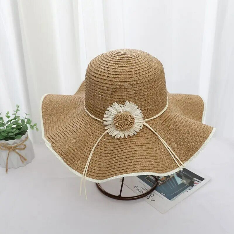 Sombrilla de verano para viaje a la playa, sombrero de paja romántico para mujer, flor de ala grande, nuevo