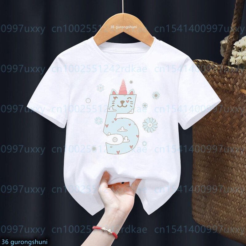 Divertenti nuvole unicorno gatti T Shirt regali di compleanno numero 2-10th T-Shirt ragazzi ragazze bambini vestiti manica corta Baby Tops