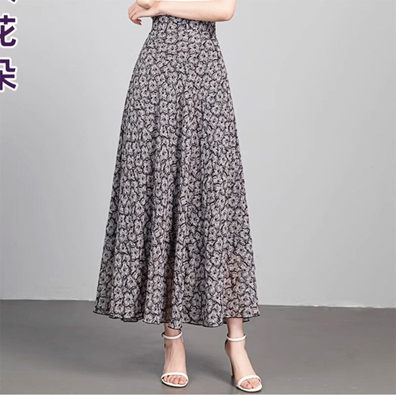 Женская шифоновая юбка-трапеция, красная длинная юбка макси с цветочным принтом, лето 2024