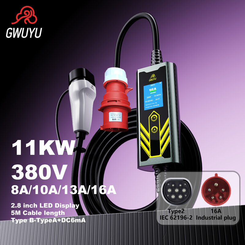 GWUYU M66 Portable EV Charger Type 2 7KW 32A 11KW 16A Adjust Current Type B Leakage Protection IP66 Indoor Wallbox Car Charger