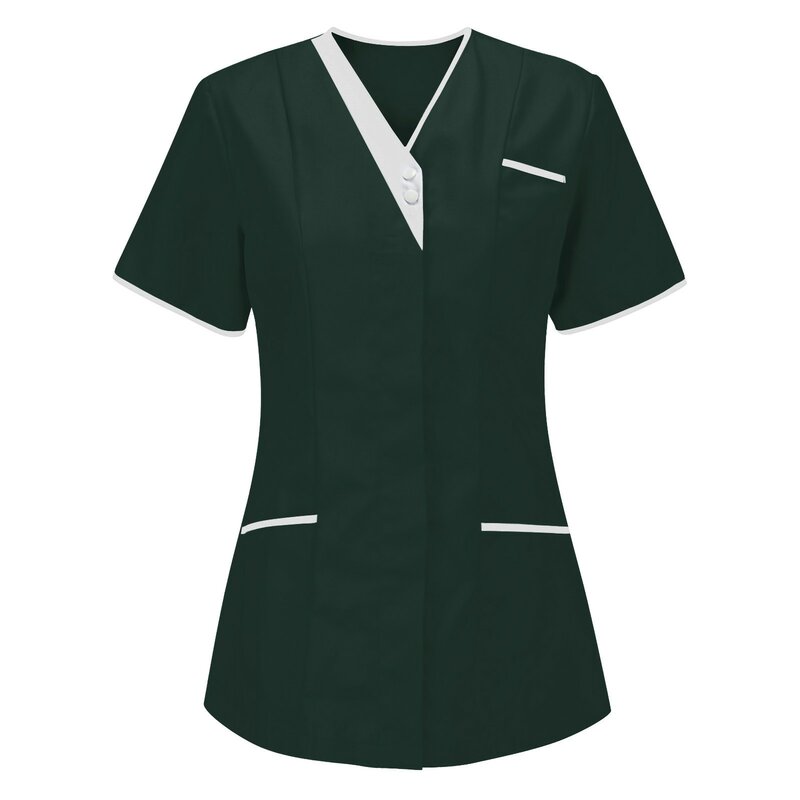 Nurse Uniform For Women Short Sleeve V-neck Tops Working Uniform Solid Color Pocket Blouse Workers Scrub Nurse Uniforme Clinico