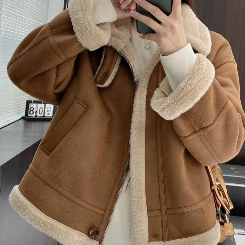 Fashion Lambwool Lined Faux Leather Coat Winter New Single Breasted Thick Casaco Lapel Warm Lambwool Fluff Loose Outerwear