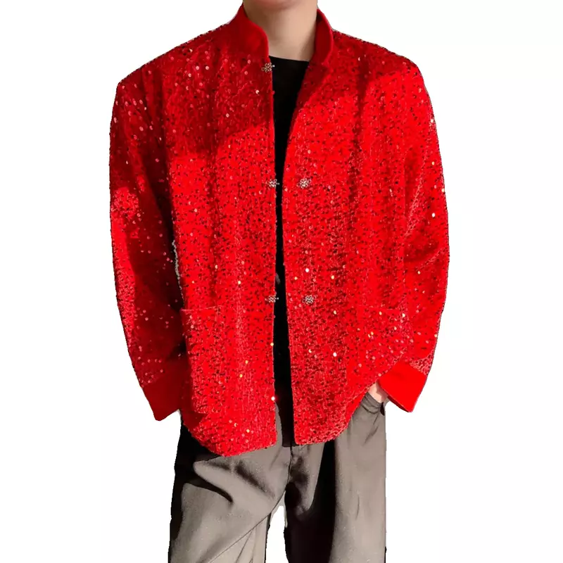남성용 스팽글 스탠드 칼라 재킷, 트렌디한 금속 버클 장식, 긴 소매 코트, 올 매치 남성 의류, 패셔너블한 신상