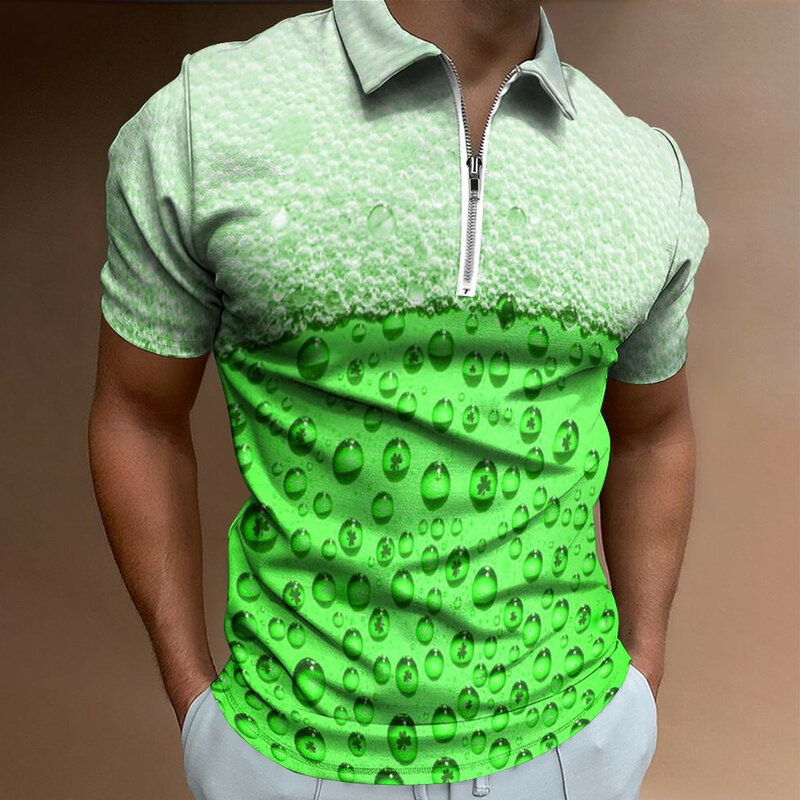 Camisas leves do dia St Patrick masculinas, impressão digital 3D, zíper lapela curto, moletom de comprimento pequeno, moda casual