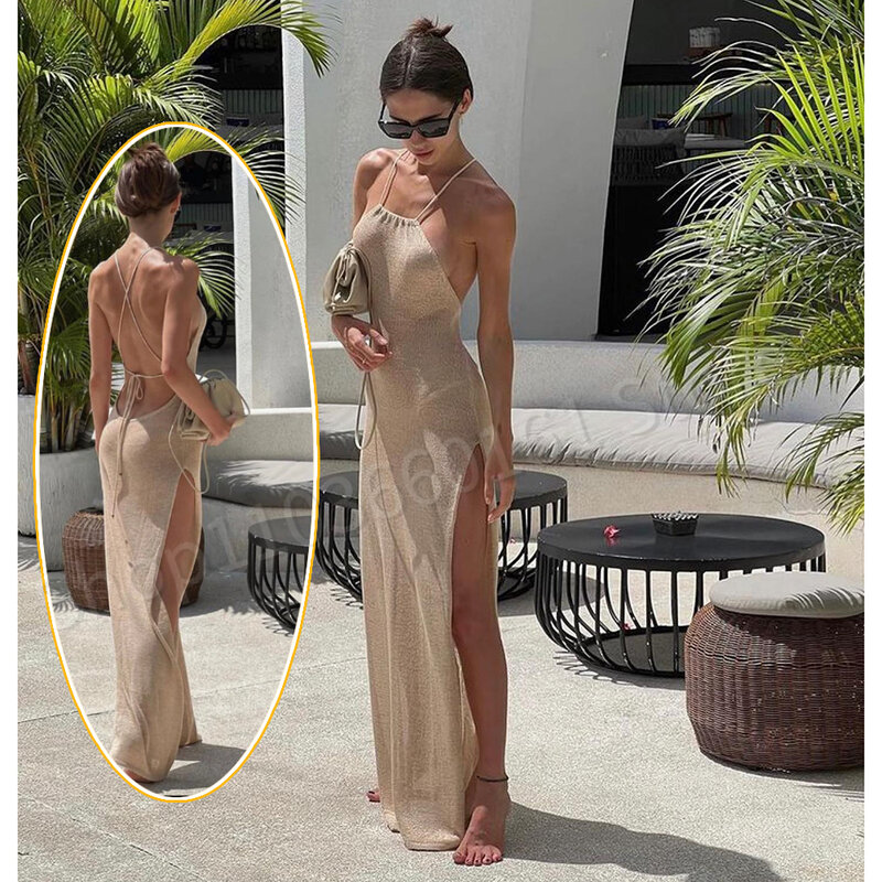 Tecido feminino vê através do vestido maxi, bodycon sexy, fenda, vestido de verão, biquínis encobrimento, vestido de praia elegante, quente, 2021
