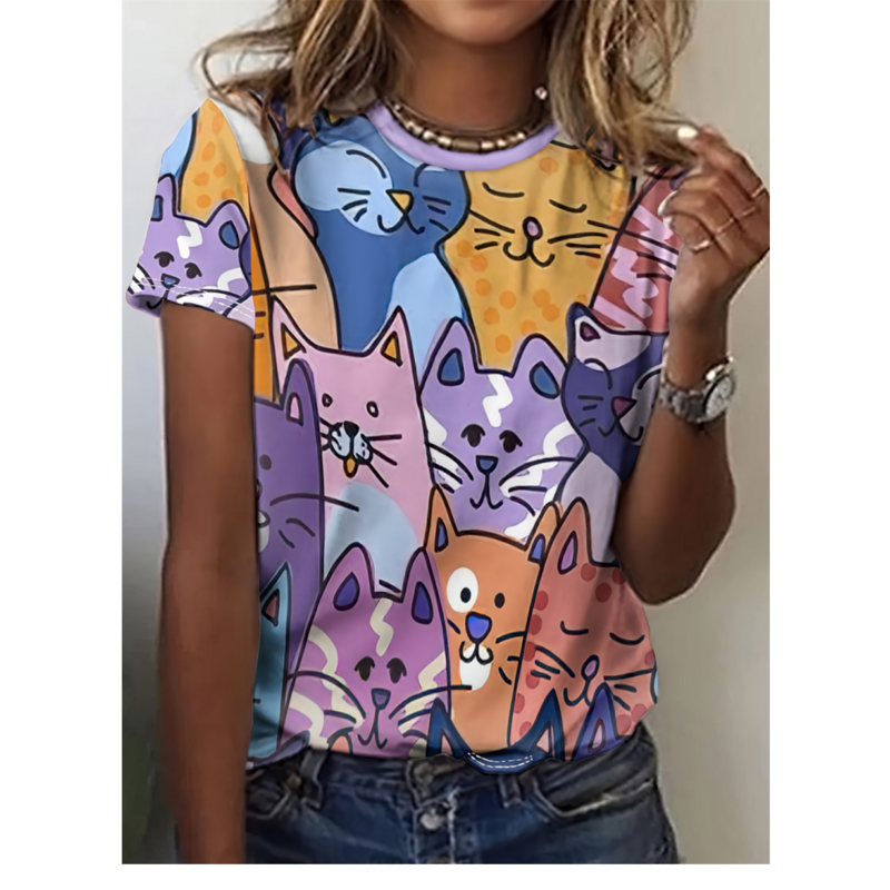 T-Shirt kartun kucing lucu wanita kaus cetak 3d lucu karakter kartun atasan lengan pendek kasual kaos leher-o pakaian wanita