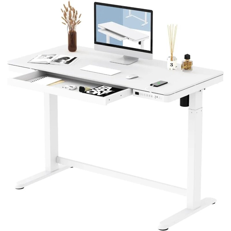 Comhar Electric Standing Desk with Drawers Charging USB A to C Port, Height Adjustable 48" Whole-Piece Quick Install