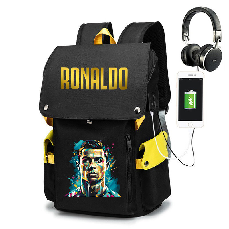 Plecak dla uczniów szkół podstawowych i średnich Ronaldo z nadrukiem Plecak młodzieżowy Torba podróżna na świeżym powietrzu w stylu USB