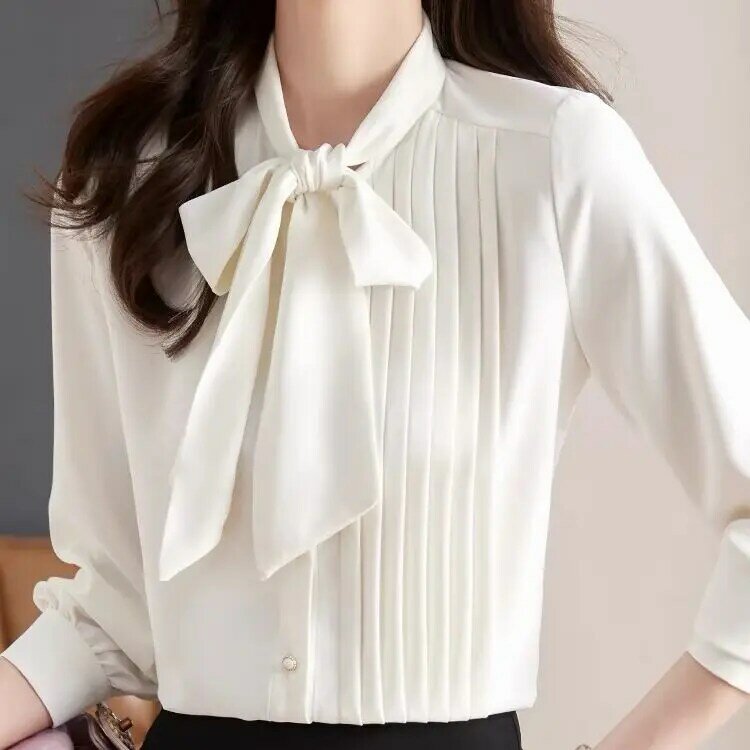 Camicia bianca, camicia da donna con collo a fiocco a maniche lunghe, primavera 2024 nuovo Top in Chiffon, alla moda