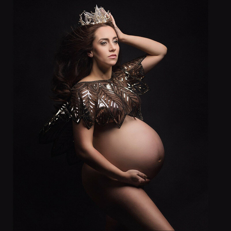 Lantejoulas fotografia maternidade adereços, gravidez Photo Shoot, lantejoulas tanques curtos, ver através Tops