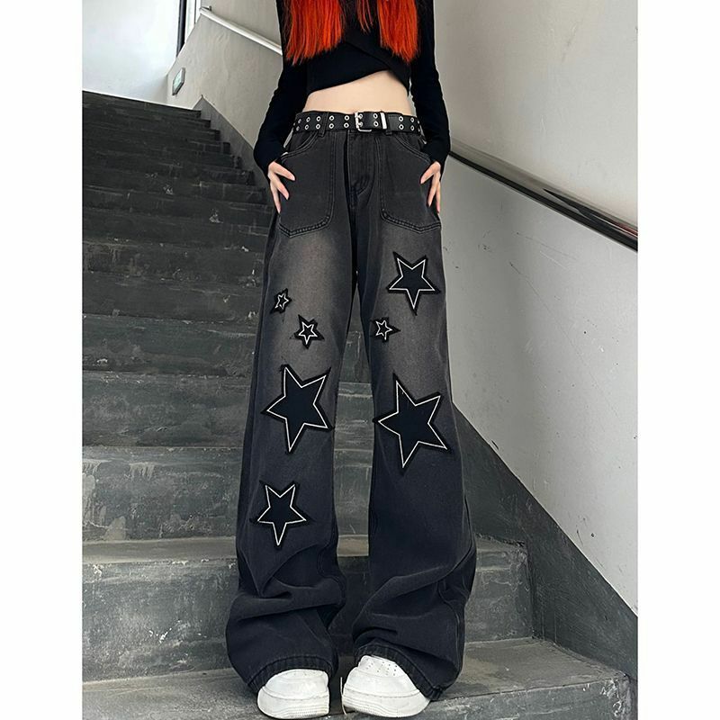 Новые прямые широкие брюки в американском ретро стиле BF, модные брюки с эффектом потертости и заплатками в виде звезд, свободные джинсы y2k с высокой талией