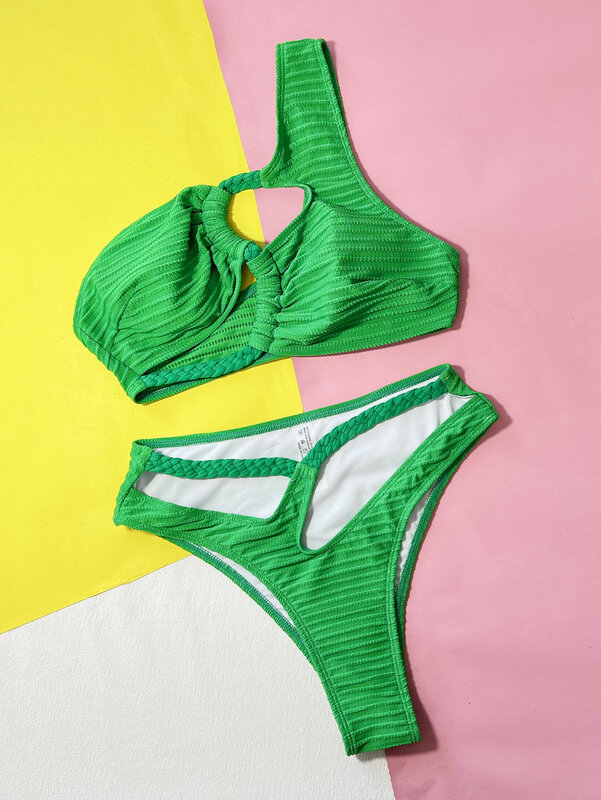Set bikini satu bahu kepang hijau seksi dua potong baju renang berongga pakaian renang pakaian renang bikini conjunto de bikini tankini