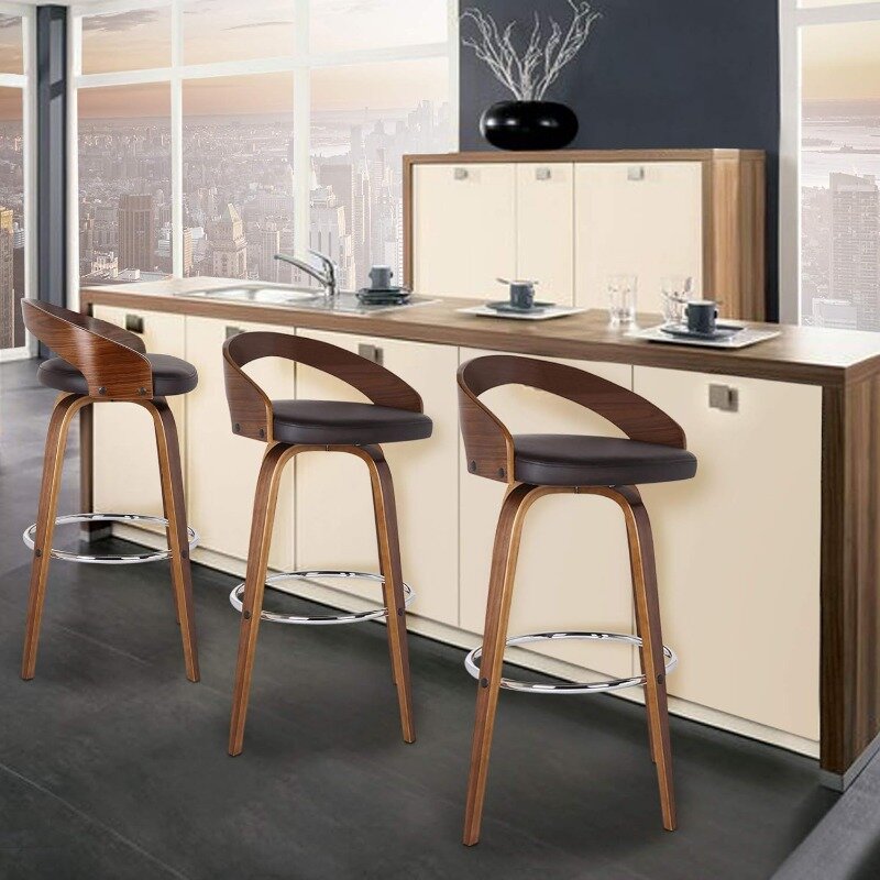 مقعد بار دوار حديث لطاولة المطبخ الجزيرة ، جلد صناعي ، خشب الجوز ، بني ، منتصف القرن ، ارتفاع مقعد 26"