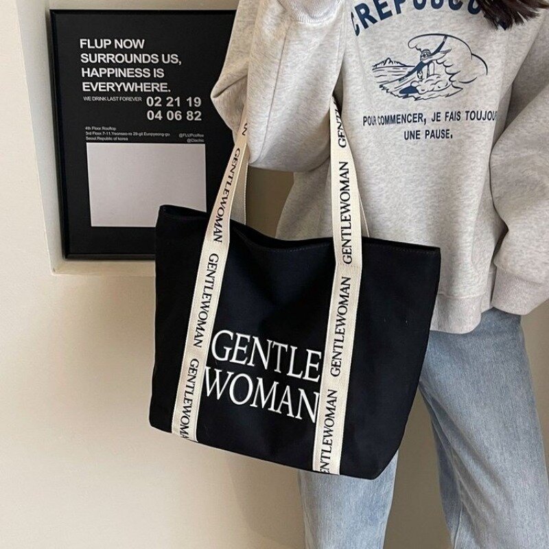 Mode Frauen einfarbige Leinwand Einkaufstasche Einkaufstasche Handtasche mit Buchstaben Muster Leinwand Tasche