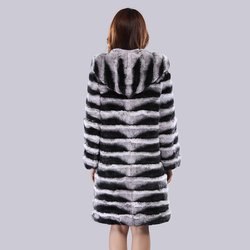 Winter Women's Natural Fur Coat Long Rex Chinchilla Fur Coat Real Rex Rabbit Fur Jackets Female Fur Collar Coat