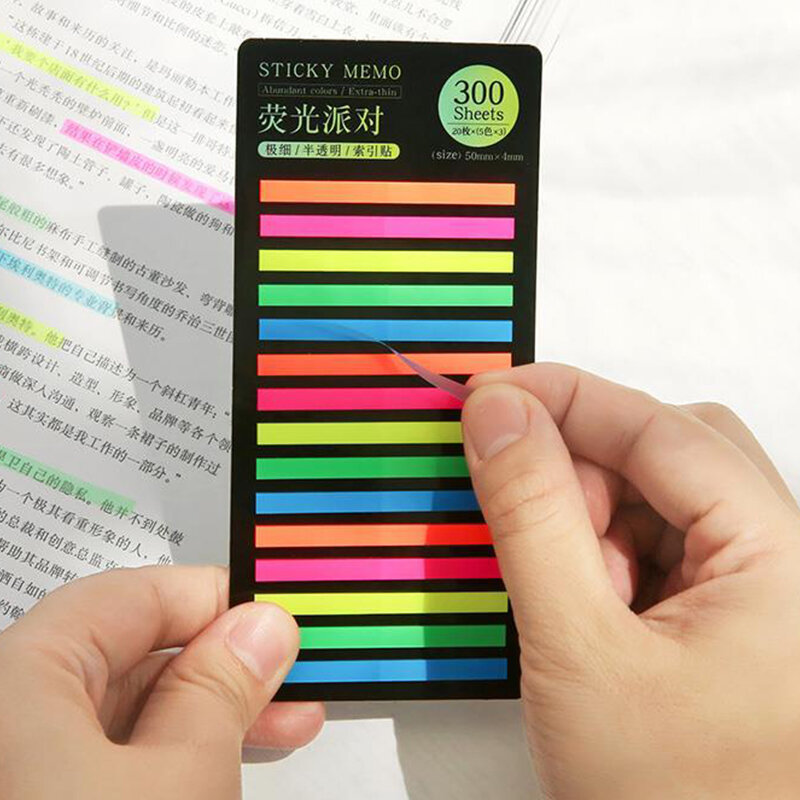 무지개색 인덱스 메모 패드, 매우 얇은 점착성 형광 투명 노트 인덱스 스티커, 접착 라벨, 학교 용품, 300 장
