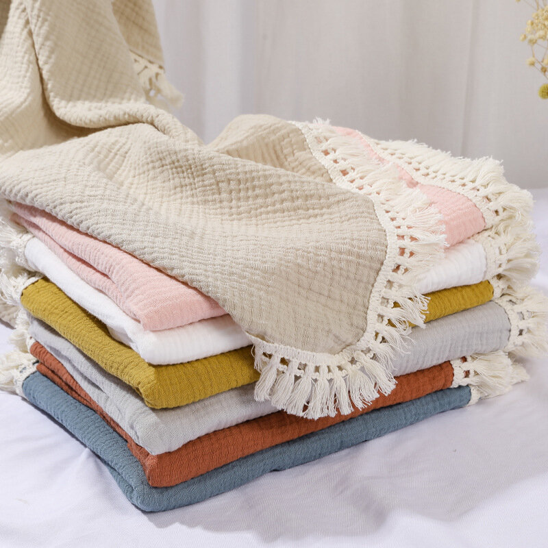 Пеленальное Одеяло для новорожденных, летнее Двухслойное муслиновое детское одеяло с кисточками для мальчиков и девочек, мягкое детское одеяло для новорожденных