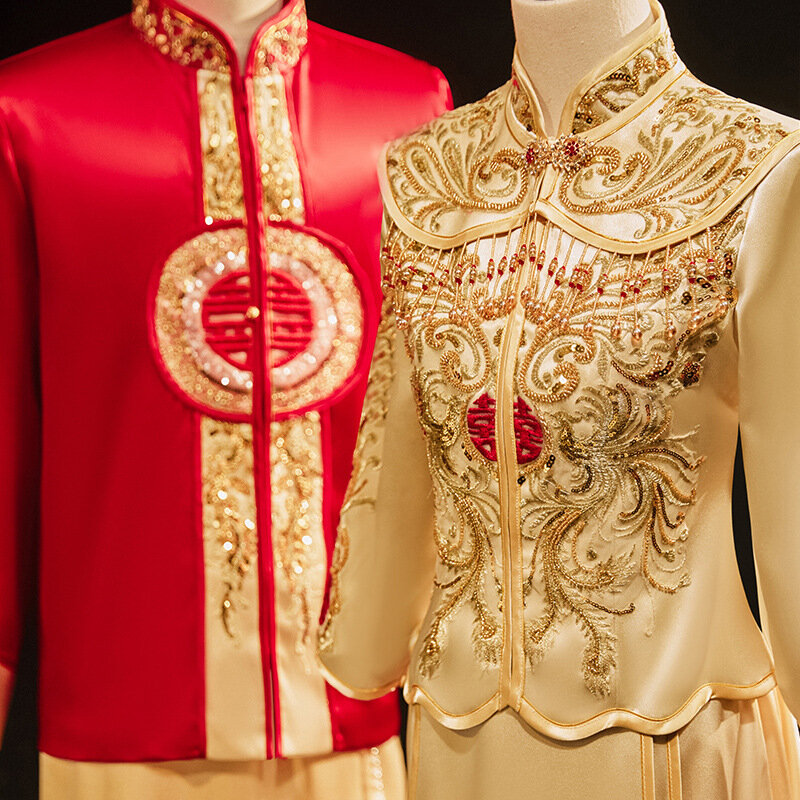 Xiuhe pakaian pengantin gaun pernikahan kuno Tiongkok, set kostum Hanfu Cheongsam bordir naga tradisional
