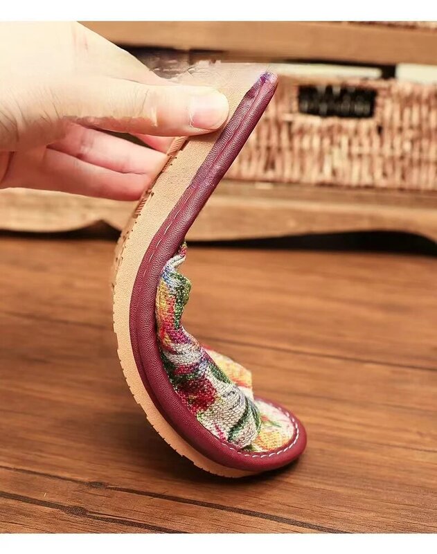 รองเท้าแตะผู้หญิงผ้าลินินรองเท้าพื้นเตี้ยฤดูร้อนใหม่, พื้นรองเท้านุ่ม gratis ongkir ระบายอากาศกันลื่น