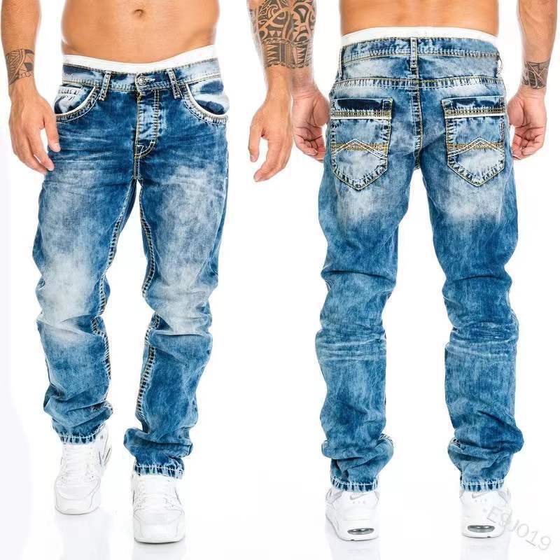 Celana panjang Denim pria, Jeans Lurus meregang ramping, celana panjang kasual Hombre warna hitam biru