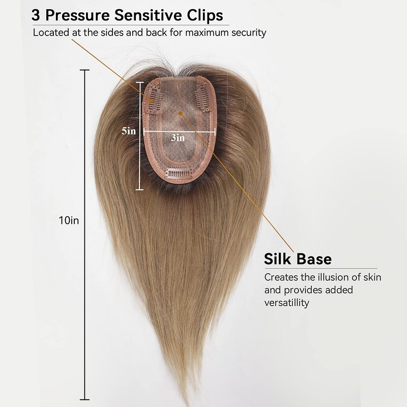女性のためのフリンジ付きストレートヒューマンヘートッパー,髪の延長のためのクリップ,茶色,オンブル,シルクベース,10インチ,100%