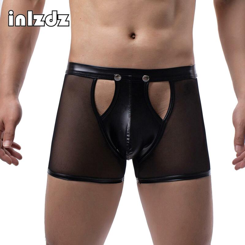 Mens Mesh Hollow Out Patchwork Boxer Briefs Buttons Low Rise PU Leather Pouch Underwear Lingerie for Nightclub Loungewear