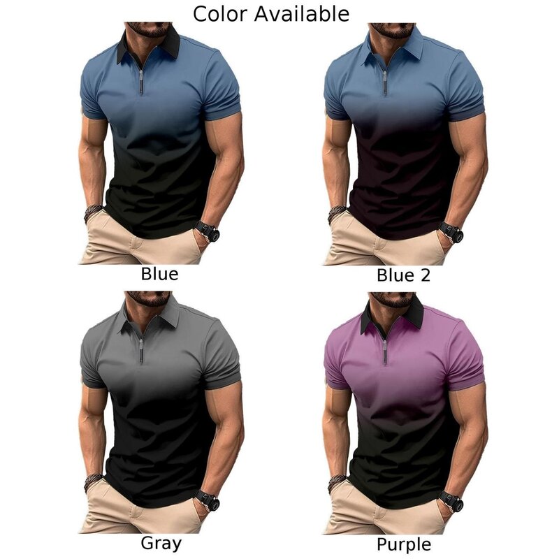 Camiseta solta de manga curta masculina, camiseta durável, lapela casual com zíper, camisa regular, feriado com estiramento leve, universal