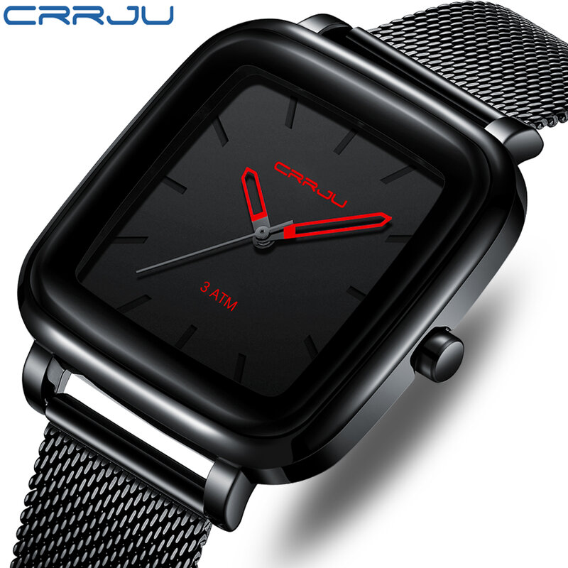 CRRJU New Top Brand Luxury Square Mens Watches Sport Waterproof Watch Fashion Stainless Steel Analog Quartz Wristwatch for Men