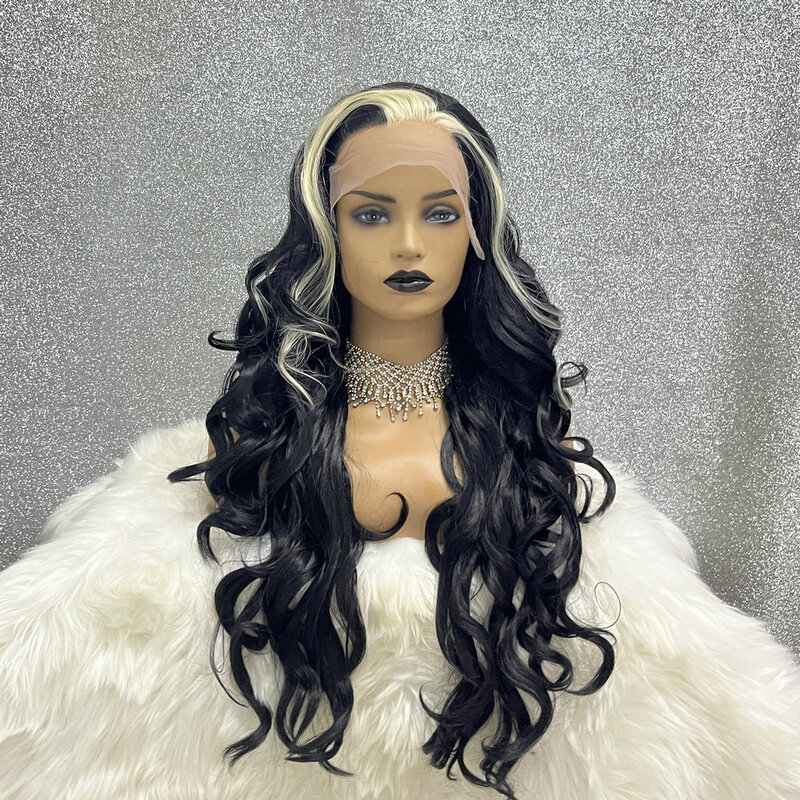 Drag Queen-Peluca de cabello sintético para mujer, postizo de encaje frontal 13x3,5, sin pegamento, con ondas sueltas, color negro resaltado