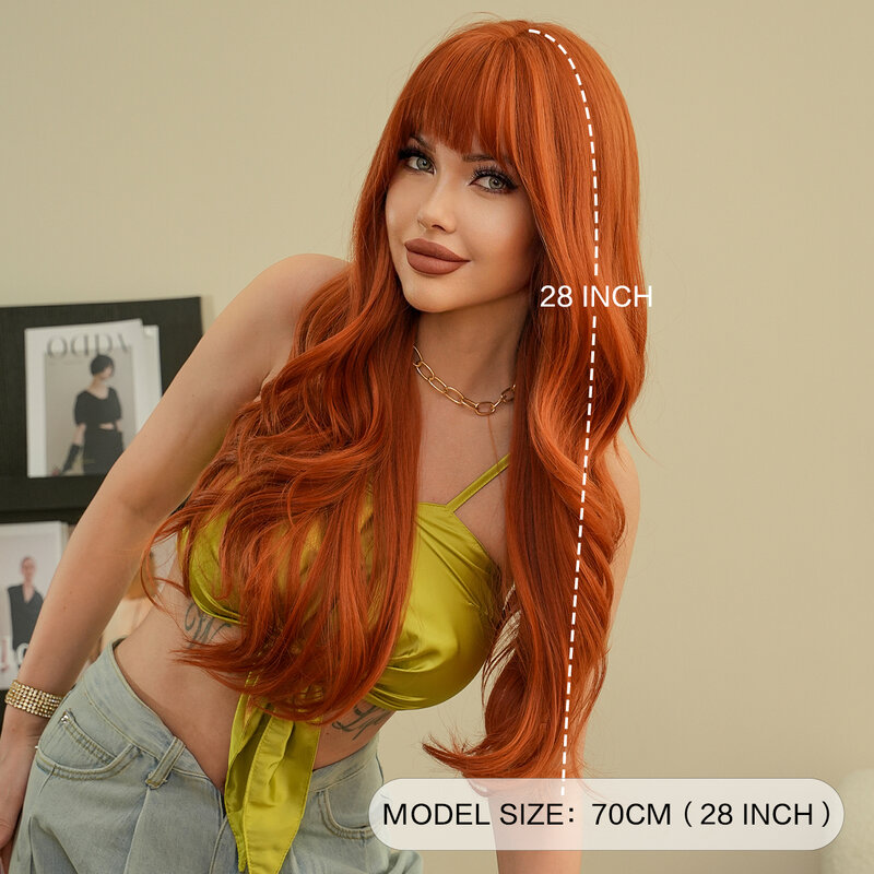 7JHH-longo corpo peruca laranja encaracolado com bangs puro para as mulheres, alta densidade, cabelo sintético, resistente ao calor, perucas traje