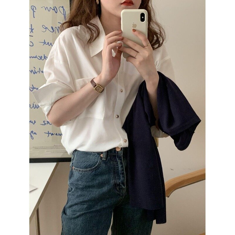 Qweek weiß lose Basic Button Up Shirt Frau Büro Damen Langarm Blusen Sommer koreanischen Stil Vintage lässig schick jugendlich