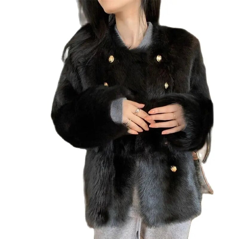 Damska płaszcz z imitacją futra jesienno-zimowa luźna i gruba pluszowa krótkie futro zintegrowana dwurzędowa kurtka wierzchnia czarna