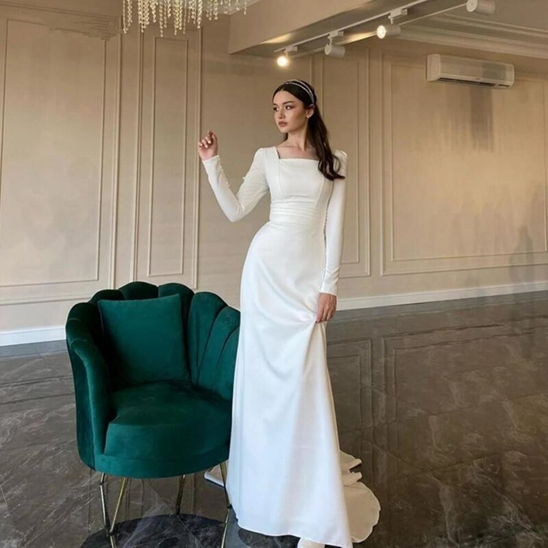 Flavinke Simple Sheath Long Sleeves Wedding Dress Soft Satin Square Neck Buttons Floor Length Elegant Women Bride Formal Dresses