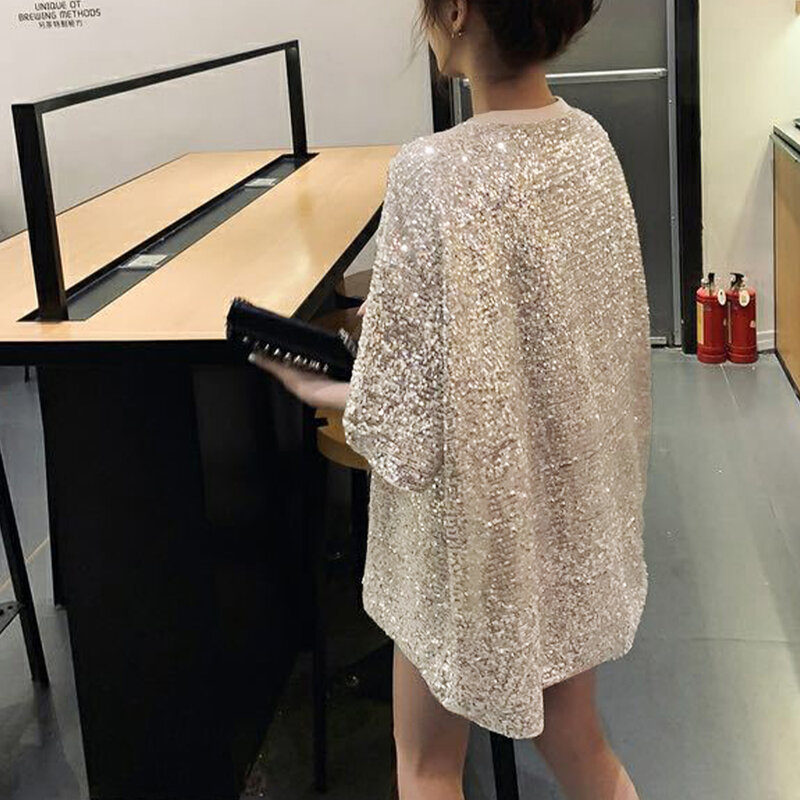 Nowy top damski Shinny Sequin Half Sleeve Long Style T-shirt Loose Casual Solid Color Dress Tees T Shirts Woman Odzież damska