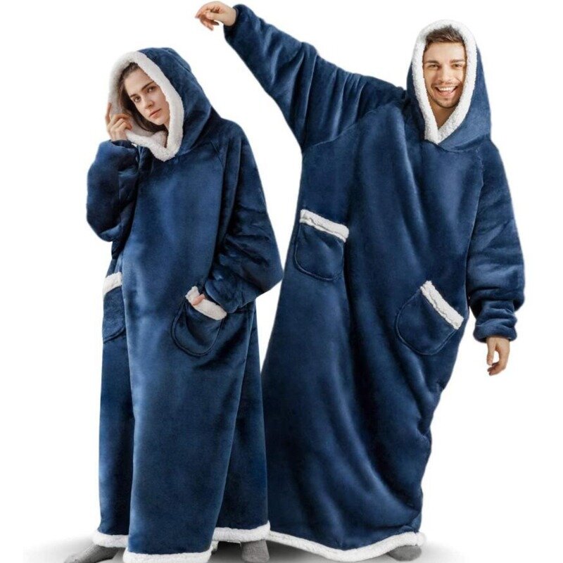 Cobertor de flanela super longa com mangas para homens e mulheres, hoodies de inverno, camisola, pulôver de lã, roupão de TV