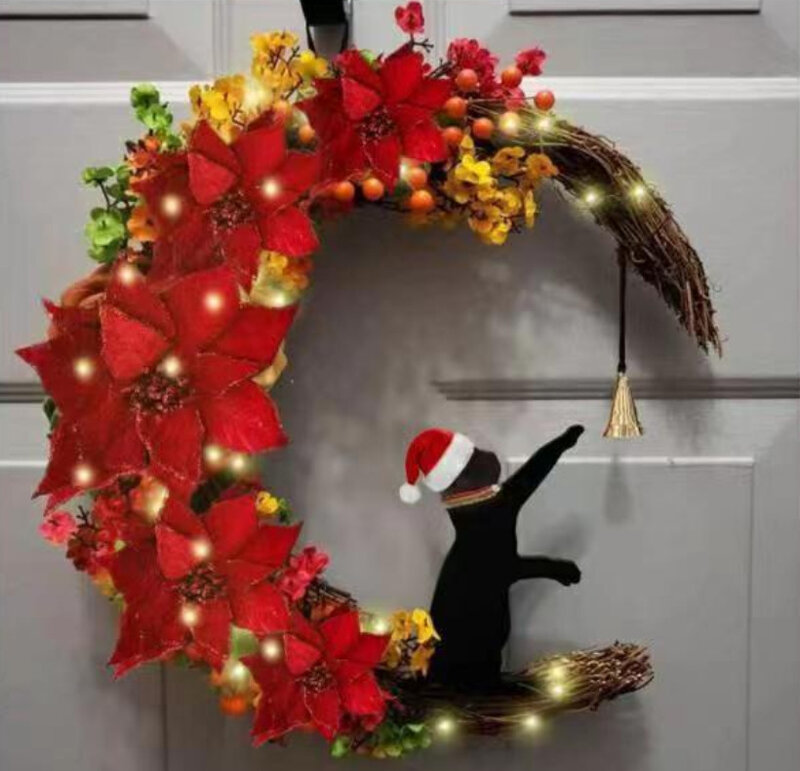 إكليل الباب الشنق الجدار الديكور ، قلادة على شكل القمر ، القط يرتدي قبعة عيد الميلاد ، جارلاند المجففة زهرة الطرف