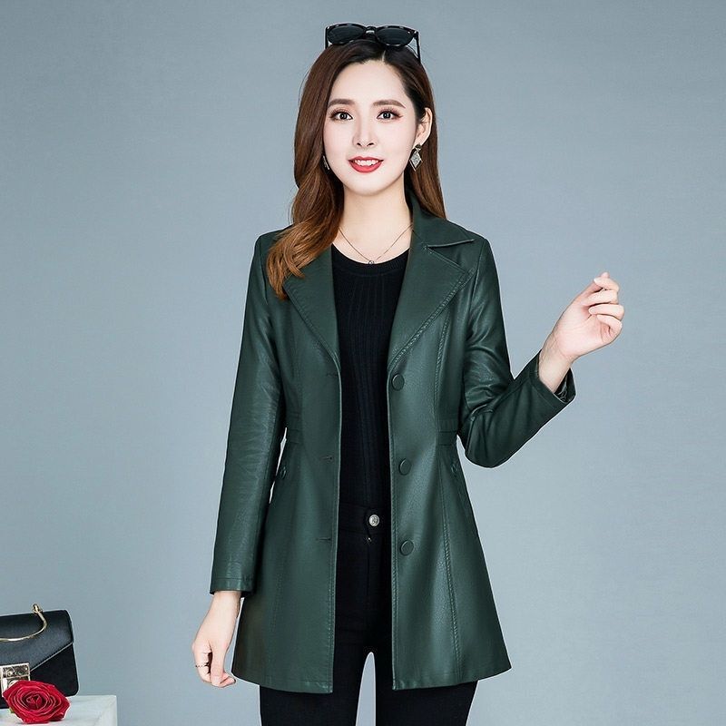 Longo casaco de couro fino para as mulheres, casaco casual, primavera e outono roupas, novo, 2024