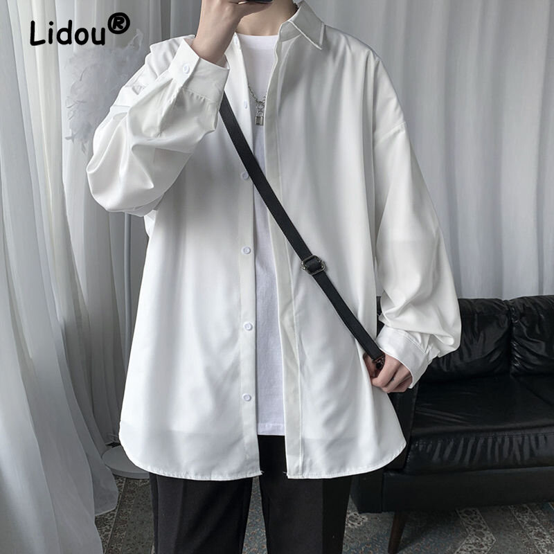 Tendência de seda gelo flacidez sensação protetor solar homem botão camisa manga longa branco streetwear moda hong kong estilo casaco topo 2022