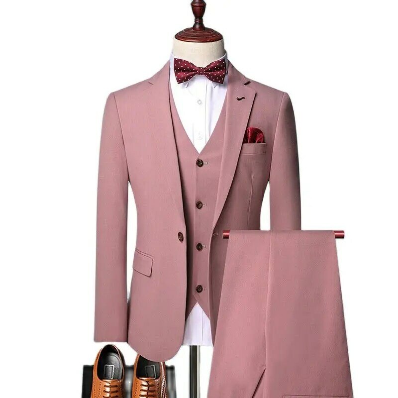 Conjunto de terno monocromático de botão único britânico masculino slim fit, jaqueta casual, colete e calças, adequado para banquete de casamento, 3 peças