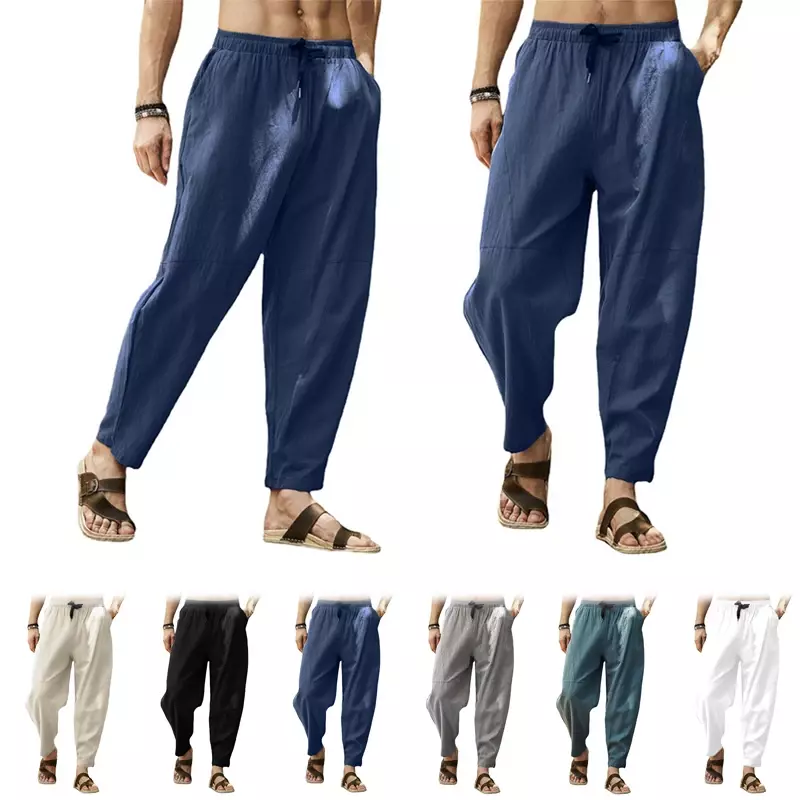 Męskie spodnie na co dzień z czystej bawełny Jednolity kolor Elastyczny pas Sznurek Luźne proste spodnie z szerokimi nogawkami Spodnie biznesowe na co dzień L-5XL
