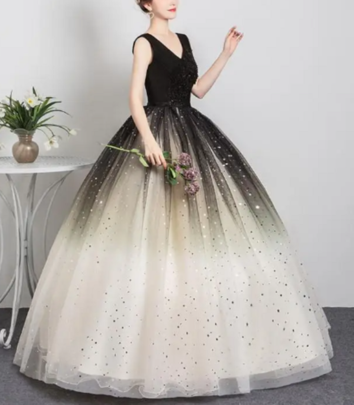 Quinceanera Dress Graduation Dress With Sleeve Formal Performance Sequins Ball Gown 2023 New Style Black Matching Fashion V-Neck