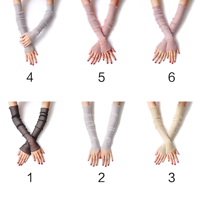 Women Girls Ultra-Thin Sheer Glitter Mesh Long Lace Gloves Metallic Soli
