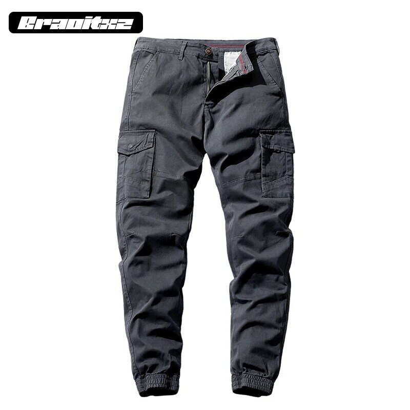 Брюки-карго мужские прямые из чистого хлопка, уличные повседневные штаны для бега, эластичные штаны в стиле милитари, с несколькими карманами