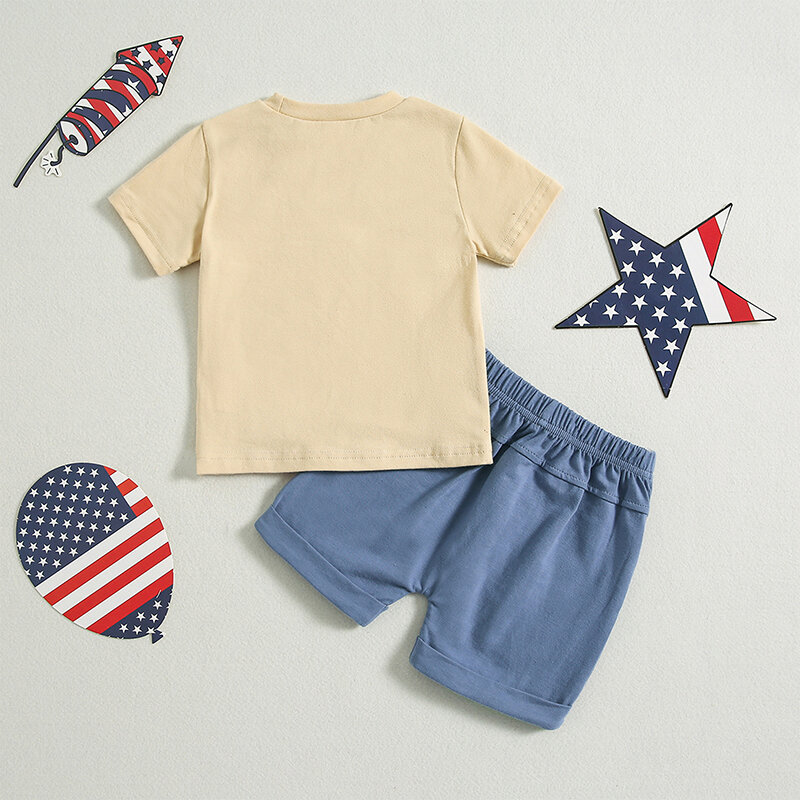 VISgogo Toddler Boy 4th of Julty Outfit Letter Cartoon Print Short Sleeve Round Neck T-Shirt with Solid Color Shorts