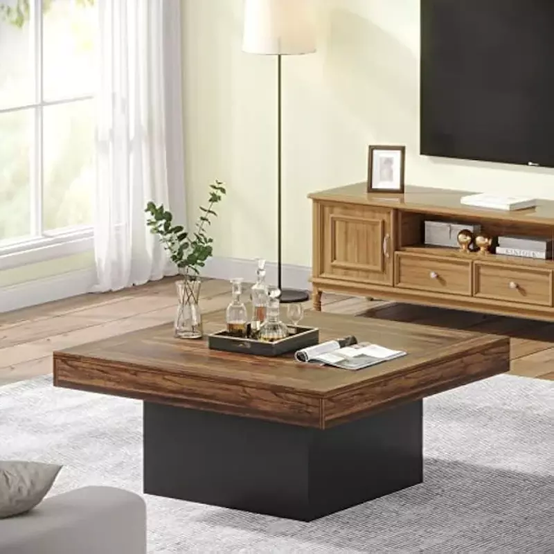 Mesa de centro cuadrada con luces LED para sala de estar, muebles de Café, color negro, marrón rústico