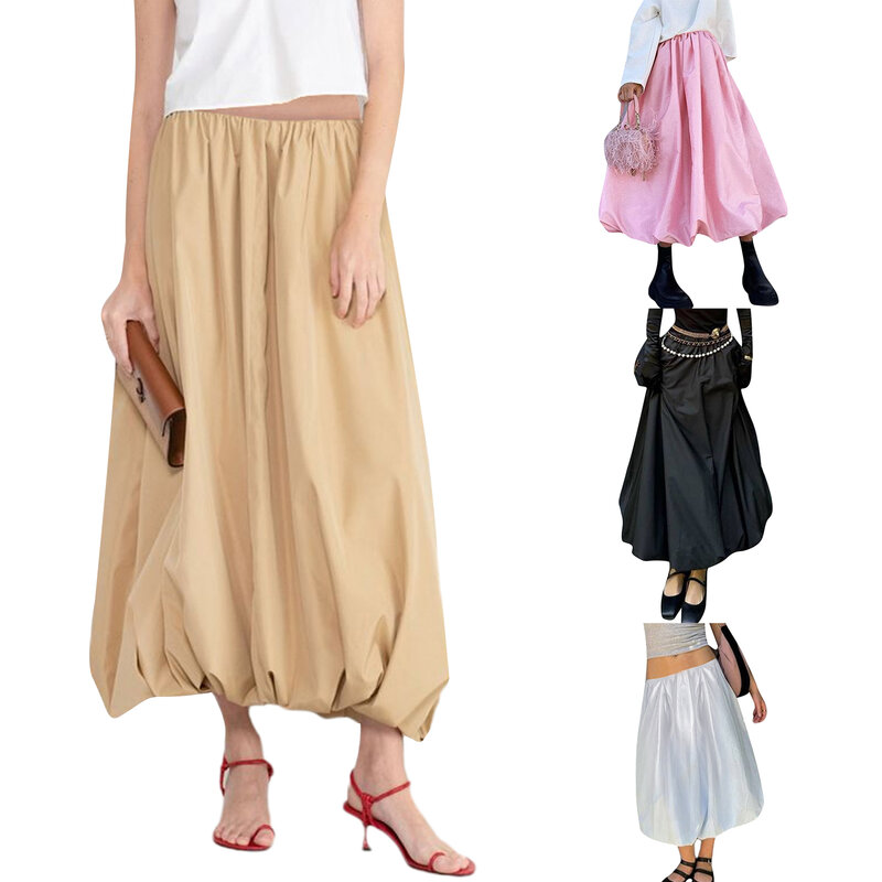 Falda larga Y2K estética diaria para mujer, Linda cintura elástica, Color sólido, Floral, Burbuja, línea A