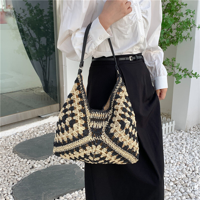 Summer Contrasting Color Hand-Woven Paper Rope Shoulder Bag Large Capacity Casual Shopping Travel Tote Bohemia Holiday Beach Bag