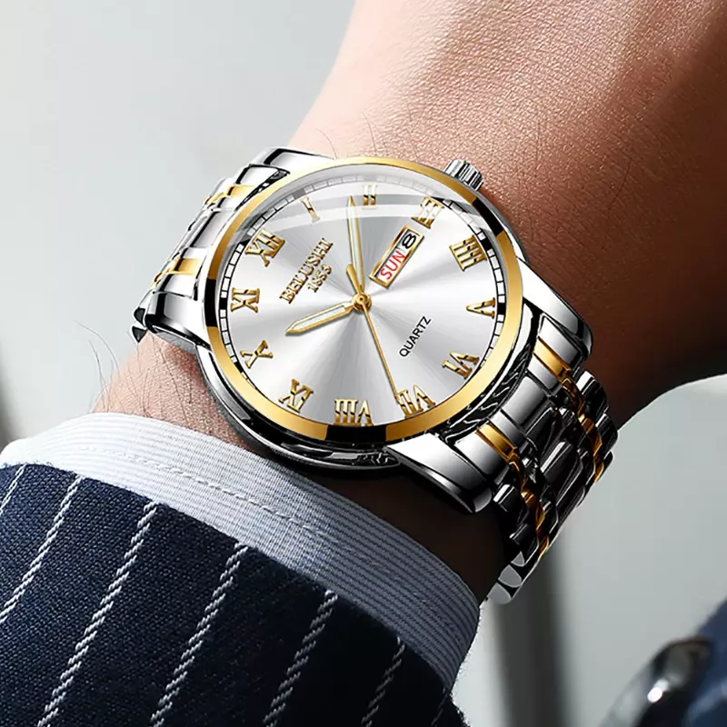 BELUSHI-Relógio Luminoso Impermeável Masculino de Aço Inoxidável, Relógio de Pulso de Quartzo Esportivo de Luxo, Marca Top