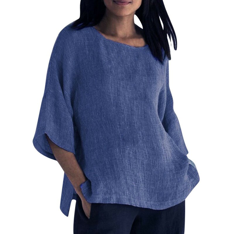Women's Shirt Large Size Cotton Linen Shirt Spring Summer Fashion Seven Sleeve Tops Casual Solid Colour Loose Round Neck Shirt